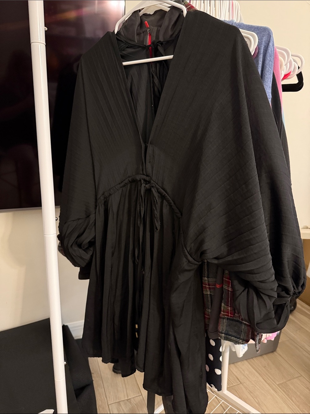 Free People - Black Women's V-Neck Drawstring Mini Tunic Dress